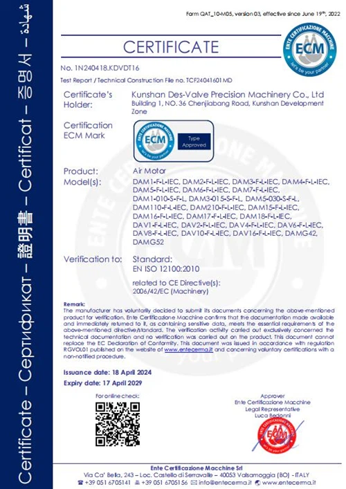 CE Certificate for Air Motors CE Certificate for Air Motors